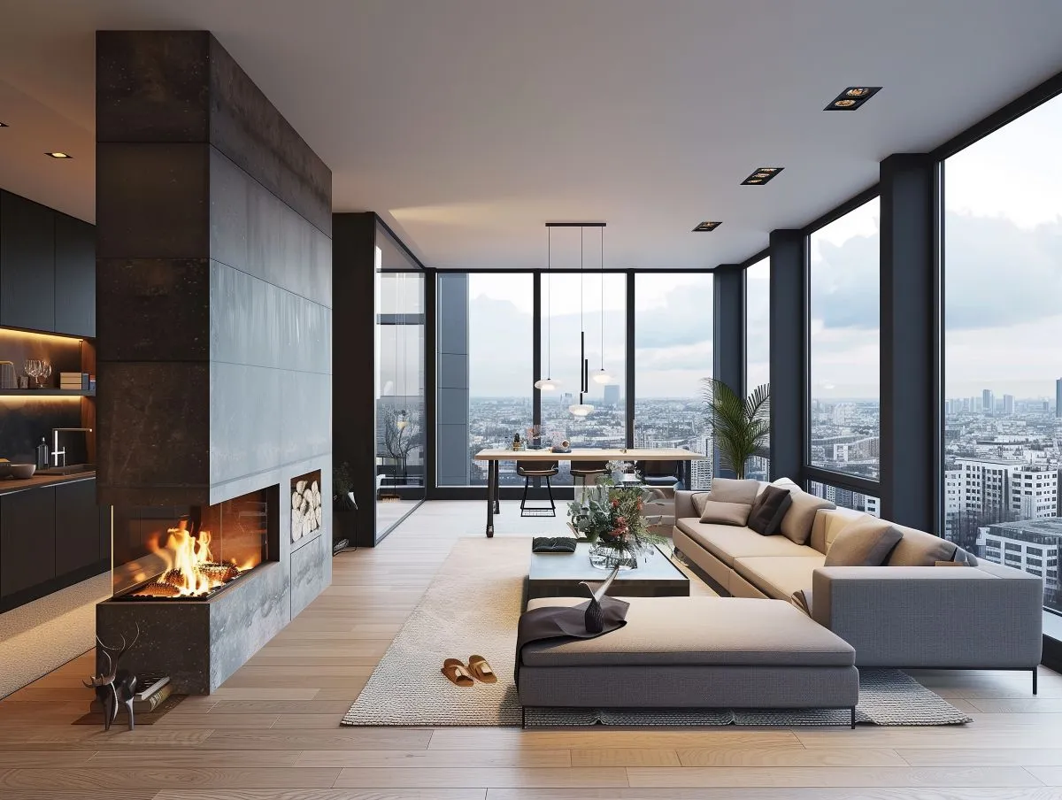 Franke Unternehmensgruppe – Immobilien – modernes Wohnzimmer im skandinavischen Einrichtungsstil mit Kamin und großen Fenstern mit Blick auf die Stadt