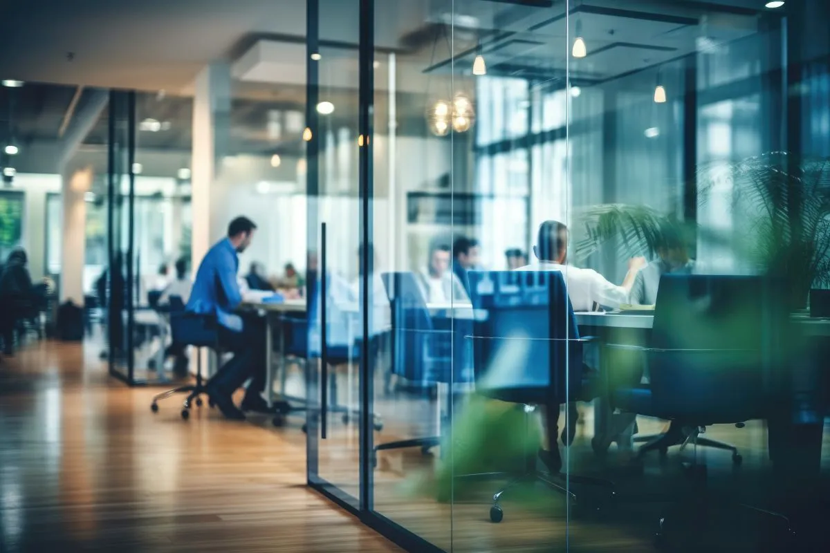 Franke Unternehmensgruppe – Immobilien – Büro mit verschwommenen Personen in Freizeitkleidung, unscharfer Bokeh-Hintergrund