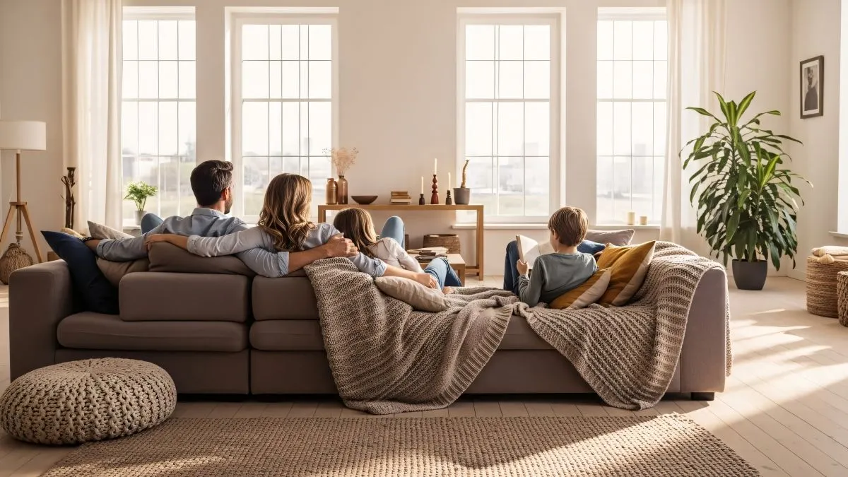 Franke Unternehmensgruppe – Immobilien – Die Familie entspannt gemeinsam auf einem bequemen Sofa im sonnendurchfluteten Wohnzimmer und schafft so eine liebevolle Wohnatmosphäre und gemütliche Erinnerungen.