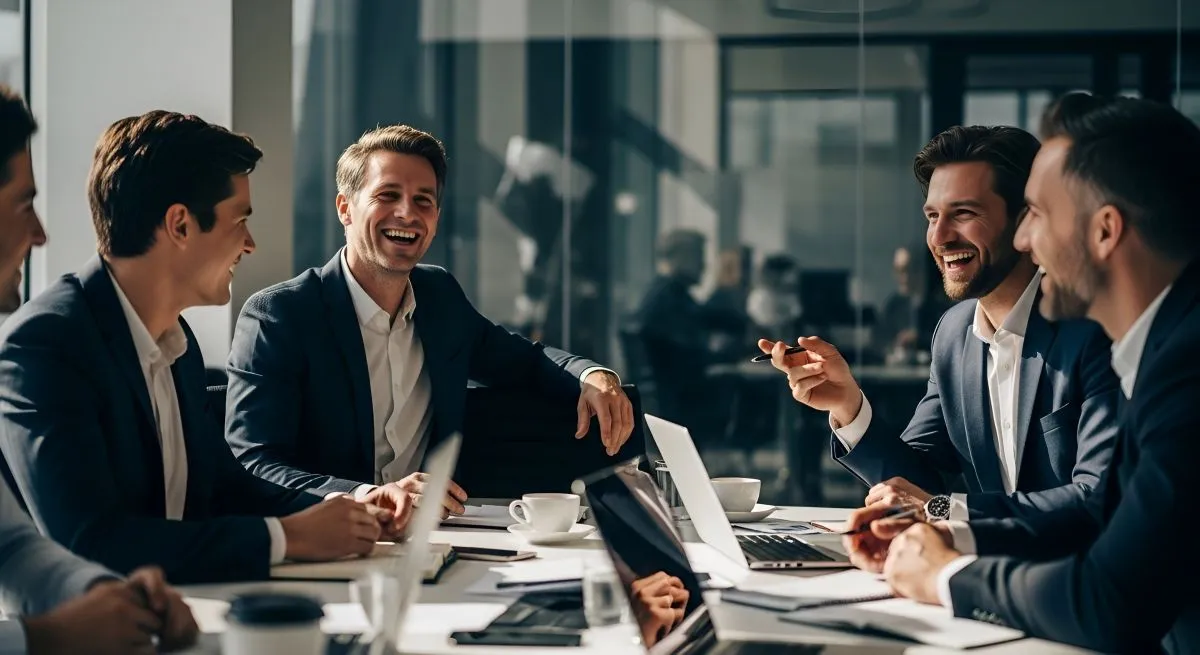 Franke Unternehmensgruppe – Immobilien – Geschäftsleute lachen und arbeiten in modernen Büroräumen zusammen.